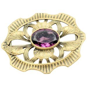 Antique Brass Victorian Sash Pin With Glass Stone (A2602)